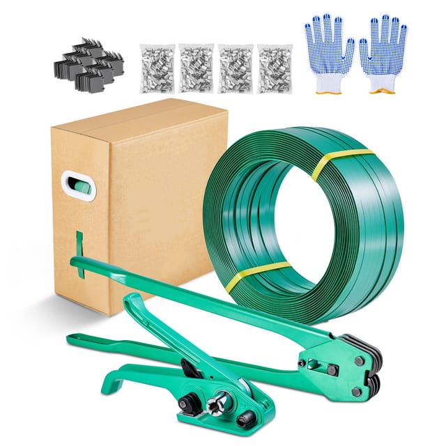 Hochleistungs-umreifungsset Mit Verschlusswerkzeug, 457 M Pet-umreifungsband, 450 Metallplomben, 150 Eckenschützer Und Handschuhe, Kunststoffverpackungsset Für Paletten, Lager, Versand Und Umzug