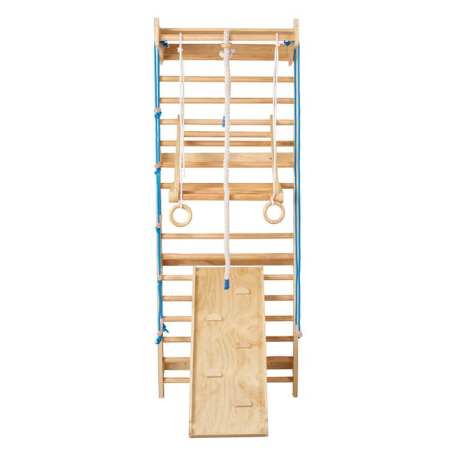Schwedische 8-in-1-wandkletteranlage Mit 15 Ebenen Aus Massivholz, 100 Kg Tragkraft, Inklusive Wandleiter, Rutsche, Klimmzugstange, Ringen, Schaukel Und Seil.
