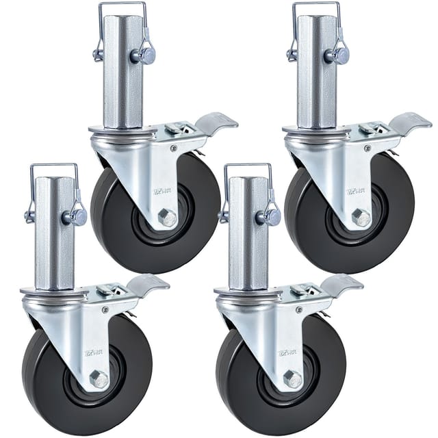 Satz Mit 4 Verstärkten Gummilenkrollen Für Gerüste, 12,7 Cm Durchmesser Mit Doppelbremse, 3,2 Cm Vierkantaufnahme, Tragkraft 199,6 Kg Pro Rolle