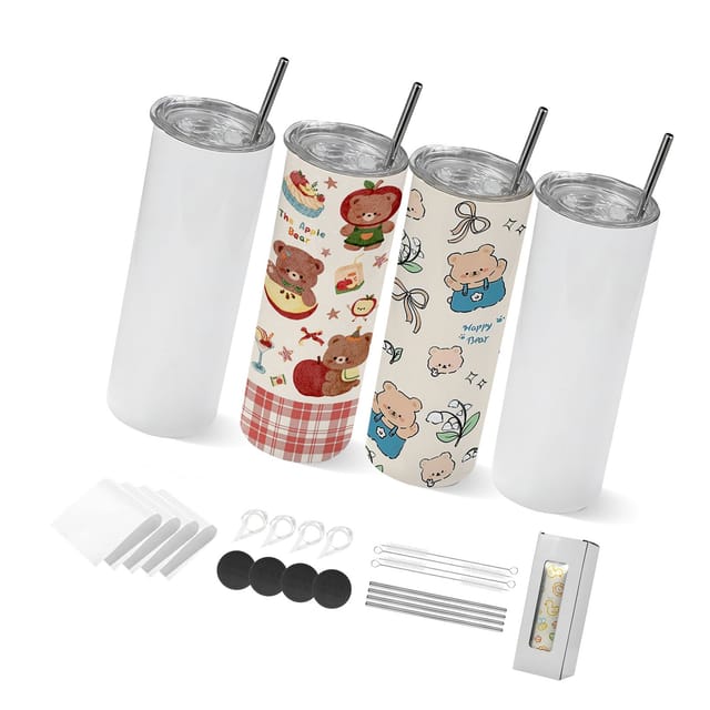 Sublimationsbecher, 4er-set, 591 Ml, Schlanke, Gerade Edelstahlbecher, Doppelwandige Isolierbecher Mit Deckel Und Strohhalm, Unbedruckte Becher Zur Individuellen Gestaltung