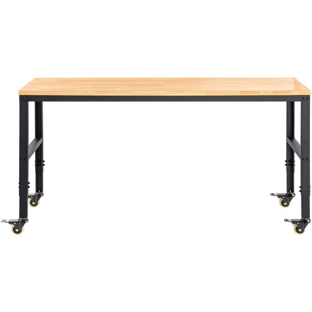 Höhenverstellbare Werkbank, Werkstatttisch 155 X 51 Cm, Höhe 80–105 Cm, Tragkraft 720 Kg, Integrierte Steckdosen, Massivholzplatte, Metallgestell, Lenkrollen, Für Büro, Zuhause, Werkstatt