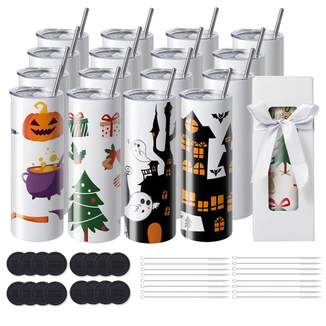 16 Leere, Doppelwandige Edelstahl-isolierbecher, 567 Ml (20 Oz), Inklusive Strohhalm, Deckel, Bürste, Boden, Schrumpffolie Und Geschenkbox, Für Heißpressen Und Wärmetransfer