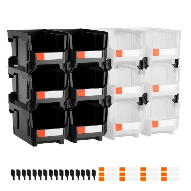 Stapelbare Aufbewahrungsboxen Aus Kunststoff, 37,7 X 21,5 X 18 Cm (12er-set), Zur Organisation Von Garage, Kleinteilen, Bürobedarf Und Zubehör, Schwarz Und Transparent