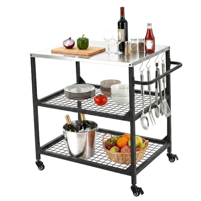 Grilltisch Für Den Außenbereich, 800 X 610 Mm Große Edelstahl-arbeitsplatte, Gartenwagen Mit 4 Rädern Und Seitlichem Griff, 2 Drahtablagen, Grillvorbereitungstisch Für Die Terrasse