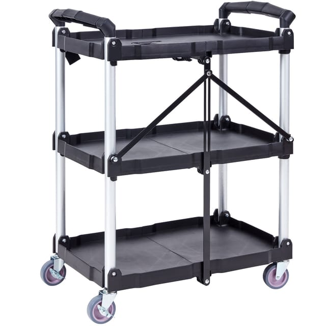Klappbarer Servierwagen, 3 Ebenen, 74,8 Kg, Aus Robustem Kunststoff, Mit Feststellbaren Rädern, Ergonomischem Griff, Tragbarer Werkzeugwagen Für Lager/büro/haushalt (65,1 X 39,2 X 83,2 Cm)