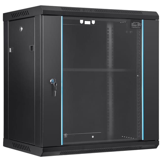 12 He Wand-serverschrank, 39,4 Cm Tief, Metallkonstruktion, 90 Kg Tragfähigkeit, Abschließbare Glastür Und Seitenwände