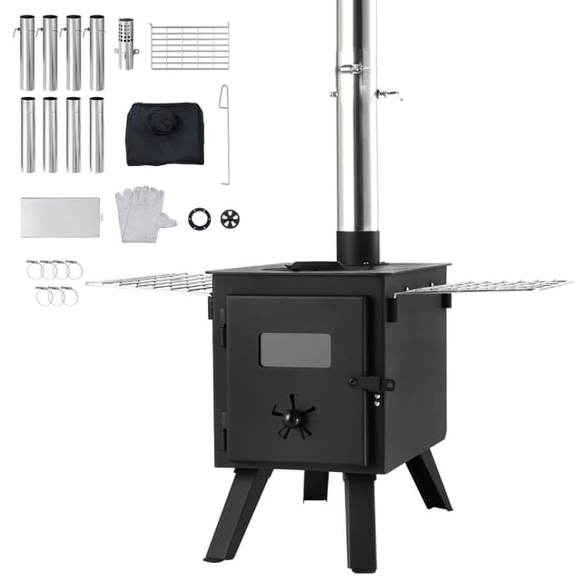 Tragbarer 218,4 Cm Langer Holzofen Aus Legiertem Stahl Für Campingzelte, Inklusive Schornsteinrohren Und Handschuhen, 22.941,9 Cm² Brennraum Zum Kochen Und Heizen Im Freien, 8 Rohre