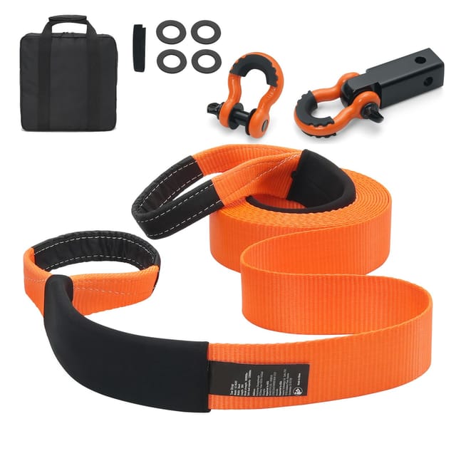 Verstärkter Polyester-bergegurt 3" X 30 Fuß (mbs-36.000 Lbs), Verstärkte Dreifachschnalle, Abschleppgurt + 2"-anhängerkupplung + 3/4"-d-schäkel (2 Stück) + Aufbewahrungstasche