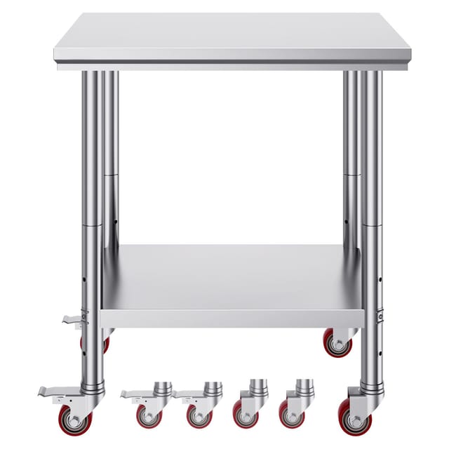 Arbeitstisch Aus Edelstahl, 76 X 61 X 84 Cm, Tragkraft 317 Kg, 4 Rollen, 3 Verstellbare Ablagen, Robuste Küchen-/restaurant-werkbank, Silberfarben