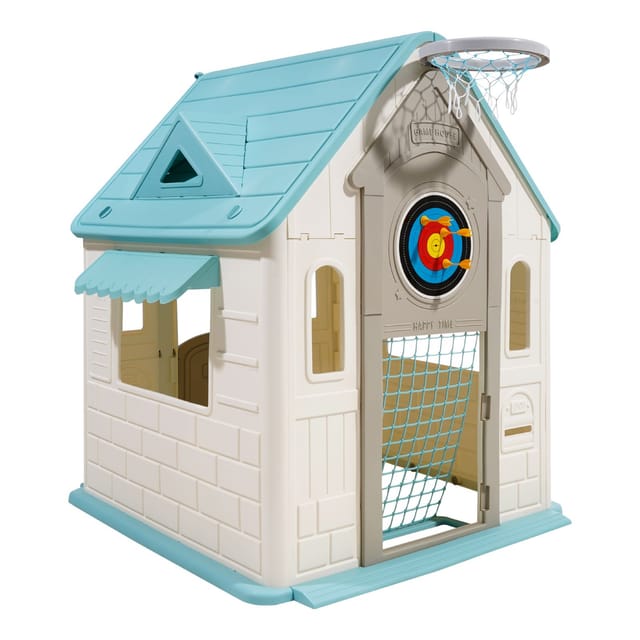 5-in-1-spielhaus Für Kinder Im Außenbereich: Spielhaus Mit Rollenspielen, Basketball, Darts, Fußball, Ringen, Fenster Und Praktischer Tür, Rutsche Für Kleinkinder Ab 2 Jahren, Abgerundete Kanten, Poly