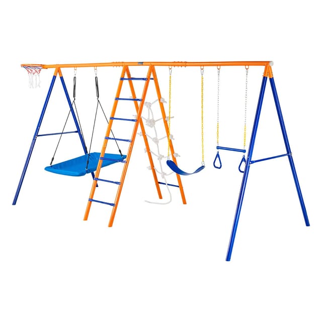 Gartenschaukel-set, 6-in-1-konstruktion Mit 2 Schaukeln, Trapezstange, Kletterleiter, Kletternetz Und Basketballkorb, Tragkraft 200 Kg, Robustes Metall-gartenschaukel-set Für Kinder Ab 3 Jahren