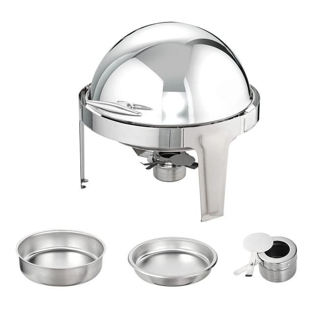 Set Aus 2 Runden 6-quart-edelstahl-chafing-dishes, Buffet-speisenwärmer Mit 2 Großen Tabletts, Deckel, Wasserbehälter, Ständer Und Brenner, Für 5 Personen