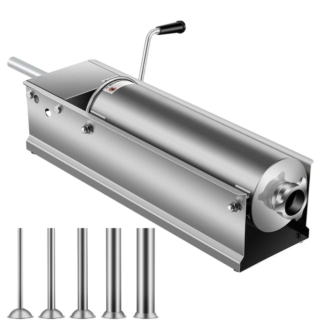Manueller Wurstwolf (7 L/15 Lb), Horizontale Wurstmaschine, 2-stufiger Fleischfüller Aus Lebensmittelechtem Edelstahl 304, 5 Rohre Inklusive, Für Zuhause/restaurant/profis