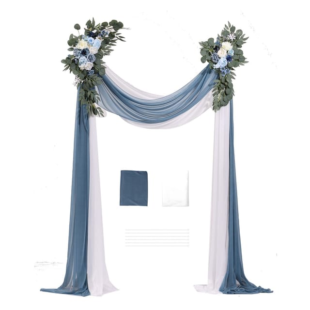 Künstliches Blumenbogen-set Für Die Hochzeit, Blaue Blumen Mit Transparenten Stoffen (4er-set) – 2 Blumenarrangements, 2 Transparente Stoffe, Für Zeremonie, Brautsträuße, Empfang Und Hintergrunddekora