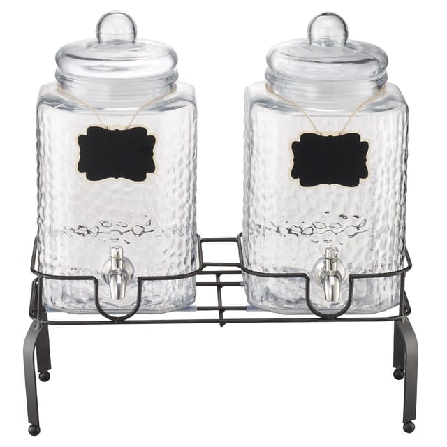 Getränkespender-set, 2 X 5,5-liter-getränkespender Für Partys, Glaskaraffe Mit Metallständer, Edelstahlhahn, Für Eistee, Limonade, Saft Und Wasser