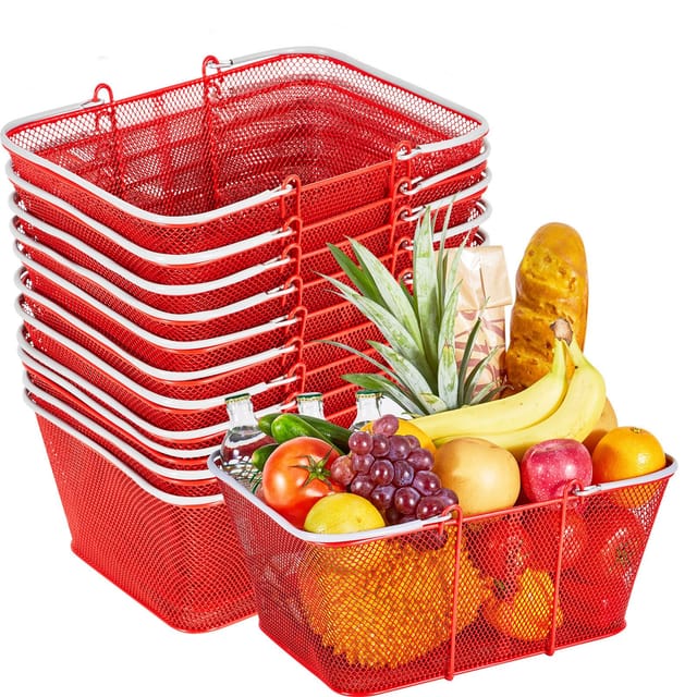 12 Stapelbare Metall-einkaufskörbe, 12er-set, 22 L, Mit Griffen, Engmaschiges Netzgewebe, 20 Kg Tragkraft, Tragbar Für Lebensmittelgeschäfte, Läden, Supermärkte, Buchhandlungen, Haushalte, Rot