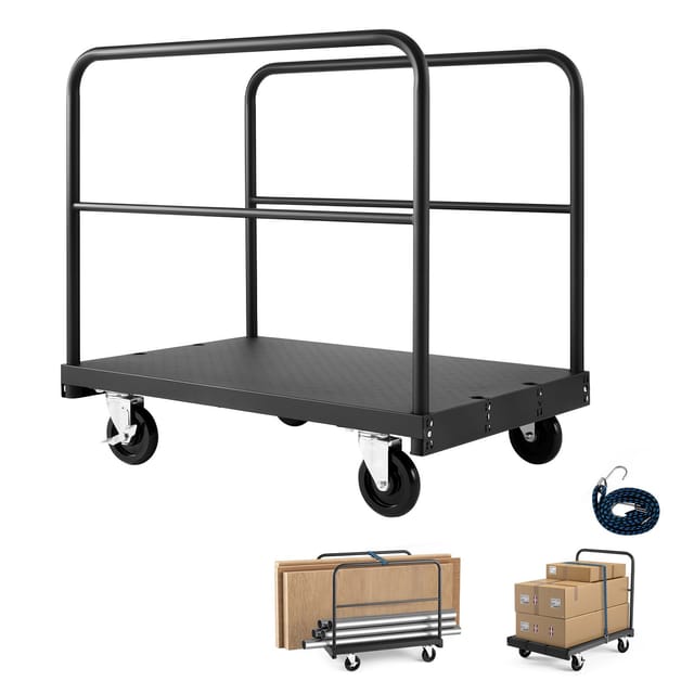 Gipskartonwagen, Tragkraft 816 Kg, 2-in-1-stahl-sackkarre Mit 12,5-mm-lenkrollen, 91,4 X 61 Cm Großer Plattform Und 3 Seitenschienen Für Fabrik, Lagerhalle, Garage, Schwarz