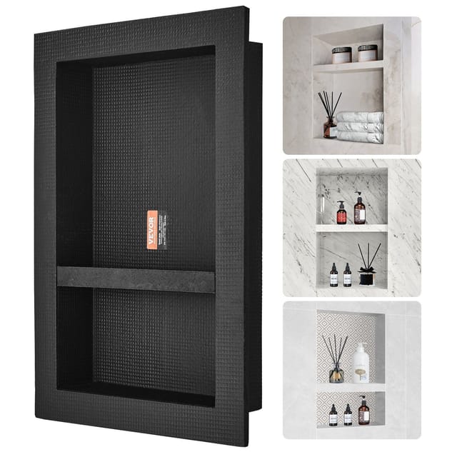 Fertig Geflieste Duschablage, 40,64 X 60,96 Cm, Mit Doppeltem Ablagefach, Eckigen Ecken, Wandmontiert, Wasserdichte Nische, Moderne Seifenablage Fürs Badezimmer, Schwarz