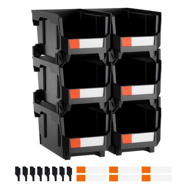 Stapelbare Aufbewahrungsboxen Aus Kunststoff, 37,7 X 21,5 X 18 Cm (6er-set), Aufbewahrungsboxen Für Kleiderschrank, Garage, Kleinteile, Bürobedarf Und Zubehör, Schwarz