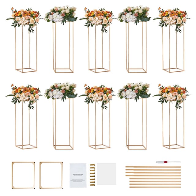 10-teiliger Blumenständer Für Hochzeiten, 80 Cm Hoch, Goldfarbene Metallsäule Mit Acryltablett, Rechteckiges, Geometrisches Design Für Tischdekorationen, Empfänge Und Partys