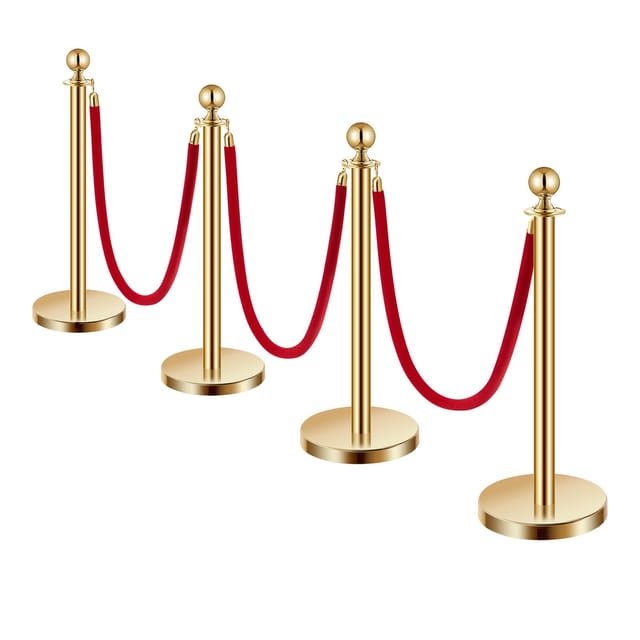 Set Mit 4 Goldfarbenen Edelstahl-absperrpfosten Und 3 Roten Samtseilen, 1,5 M Hohe Absperrgitter Für Theater, Partys, Hochzeiten Und Ausstellungen