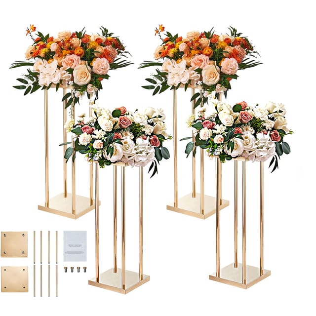 Vergoldeter Metall-blumenständer, 4-teilig, 80 Cm Hoch Mit Metallplakette, Geometrische Vase Für Tischdekoration, Zylindrisches Blumenarrangement, Für Hochzeiten, Empfänge, Partys Und Festgänge