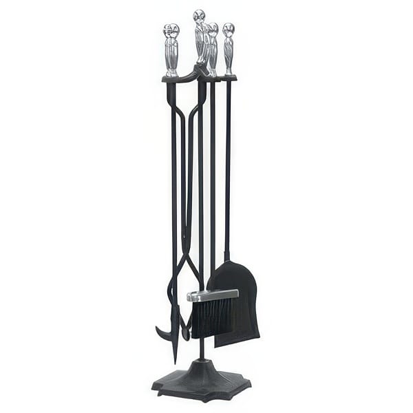 Set Attrezzi Per Camino 5 Pezzi Argento Con Stand A Tre Piedi Altezza 77 Cm