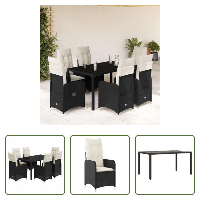 Vidaxl Bistro-set - 7-tlg. Garten-bistro-set Mit Kissen Schwarz Poly Rattan