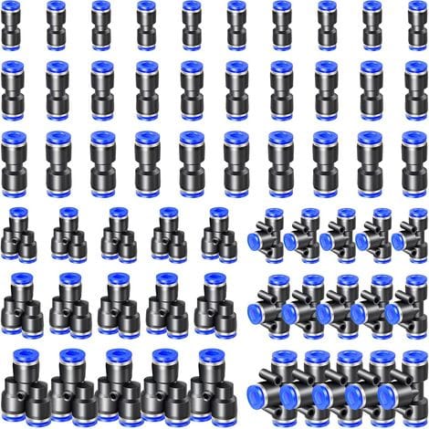 60-teiliges Pneumatisches Kunststoff-anschlussset – Gerade, Y- Und T-stücke – Für 4-mm-/6-mm-/8-mm-druckluftleitungen – Schnelle, Werkzeuglose Montage