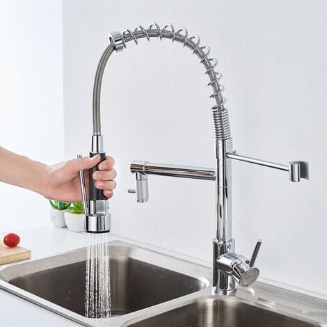 Küchenarmatur Mit Flexiblem, Schwenkbarem Ausziehbrausekopf, Zweistrahliger Spültischarmatur, Hohem Auslauf, Robustem Messing