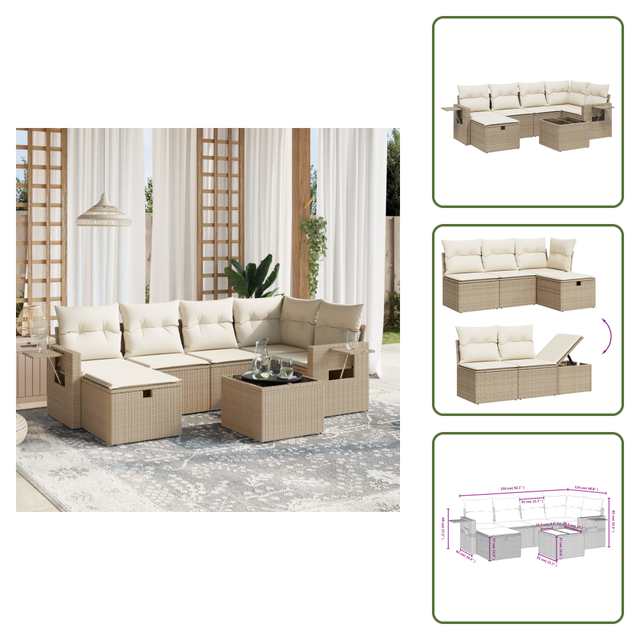 The Living Store 7-tlg. Garten-sofagarnitur Mit Kissen Beige Poly Rattan - Gartenmöbel Set - Pe-rattan Gartenmöbel - Outdoor Lounge Set - Esstisch Set - Gartenlounge