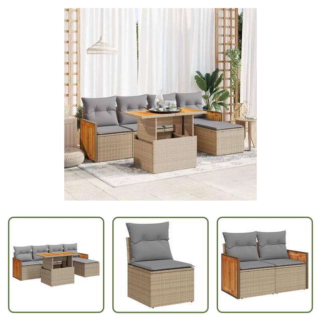 Terrassensofa - 6-tlg. Garten-sofagarnitur Mit Kissen Beige Poly Rattan Akazie