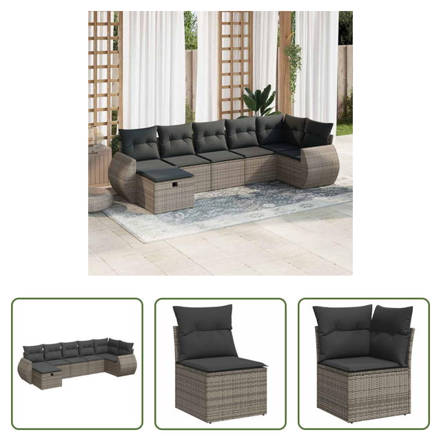 Rattan - 7-tlg. Garten-sofagarnitur Mit Kissen Grau Poly Rattan