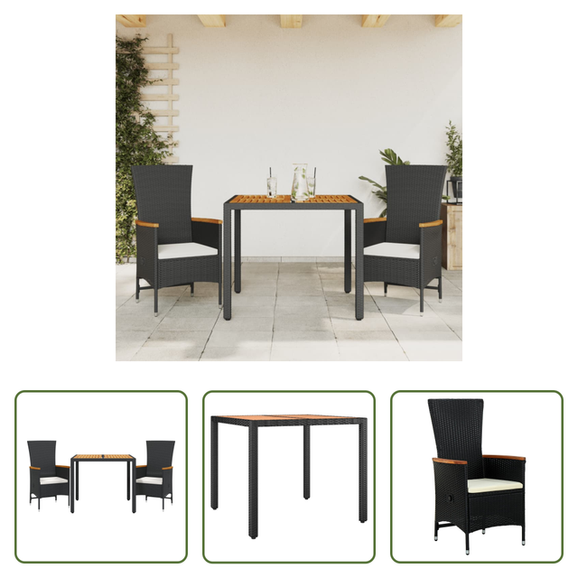 Vidaxl Gartensessel - 3-tlg. Garten-essgruppe Mit Kissen Schwarz Poly Rattan