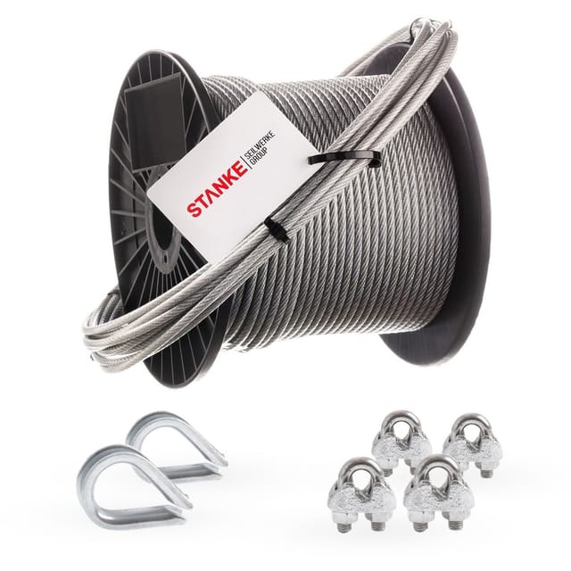 Seilwerk Stanke Rankhilfe Pvc Drahtseil Ummantelt Verzinkt 100m Stahlseil 4mm 6x7, 2x Kausche, 4x Bügelformklemme - Set 1
