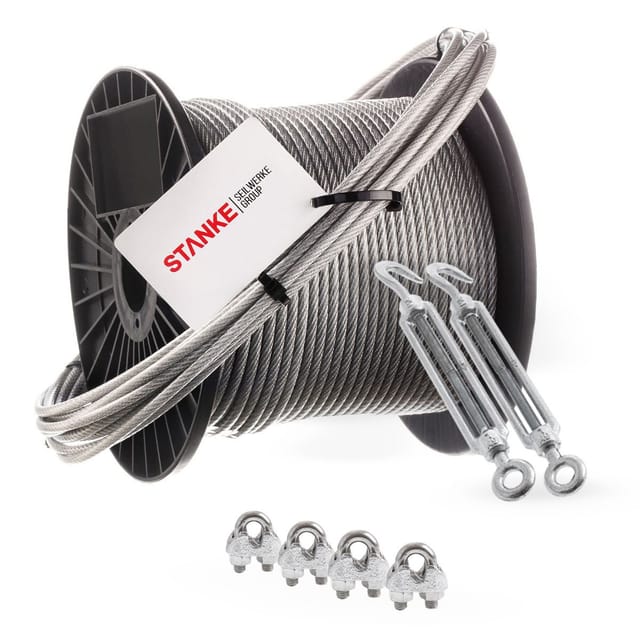 Seilwerk Stanke Rankhilfe Pvc Drahtseil Ummantelt Verzinkt 100m Stahlseil 4mm 6x7, 2x Spannschloss M6 Haken+öse, 4x Bügelformklemme - Set 4