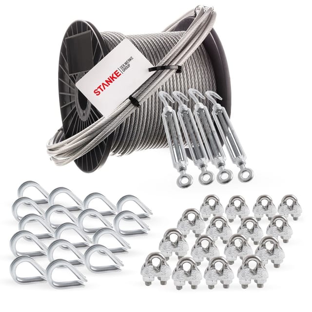 Seilwerk Stanke Rankhilfe Pvc Drahtseil Ummantelt Verzinkt 100m Stahlseil 4mm 6x7, 4x Spannschloss M6 Haken+öse, 16x Kausche, 16x Bügelformklemme - Set 6
