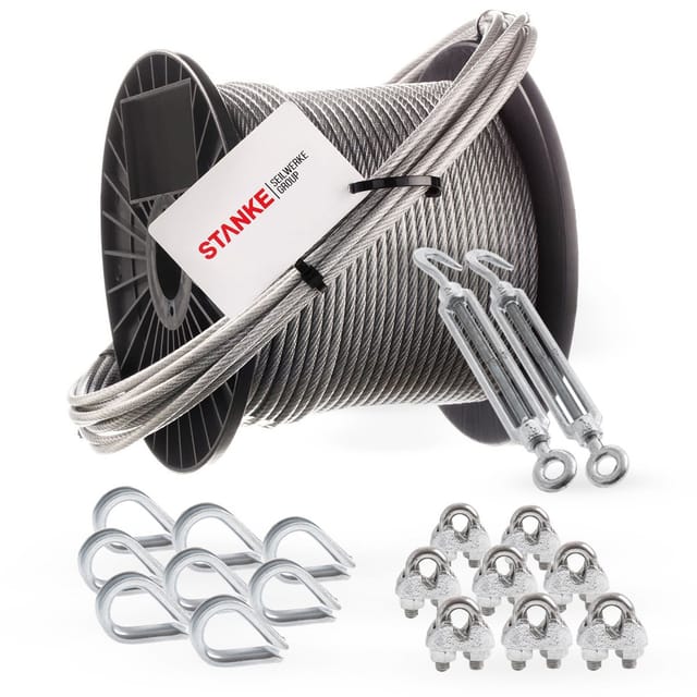 Seilwerk Stanke Rankhilfe Pvc Drahtseil Ummantelt Verzinkt 100m Stahlseil 4mm 6x7, 2x Spannschloss M6 Haken+öse, 8x Kausche, 8x Bügelformklemme - Set 5