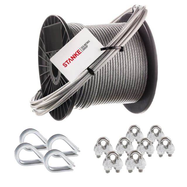Seilwerk Stanke Rankhilfe Pvc Drahtseil Ummantelt Verzinkt 100m Stahlseil 4mm 6x7, 4x Kausche, 8x Bügelformklemme - Set 2