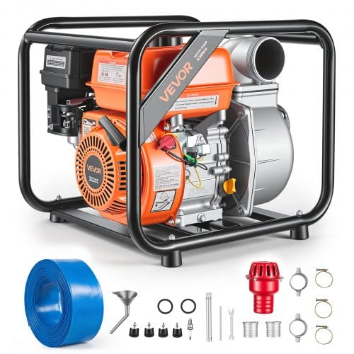 VEVOR Wasserpumpe Benzin 242 GPM, 3 Zoll Schmutzwasserpumpe 7 PS Motorpumpe Tragbar mit 7,62 m Förderschlauch & Gusseisenlaufrad Wasserförderpumpe für Bewässerung Entwässerung Baustellen Teiche