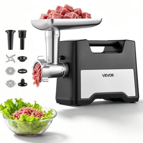 VEVOR Elektrischer Fleischwolf 1,5–2 kg/min Max. 1200 W Wurstfüller für Würstchen, 500-W-Motor, 21-mm-Wurstfüllrohr, 2 Lochscheiben (3 / 7 mm), Fleischstopfer, Edelstahlgehäuse und Kebbe-Set