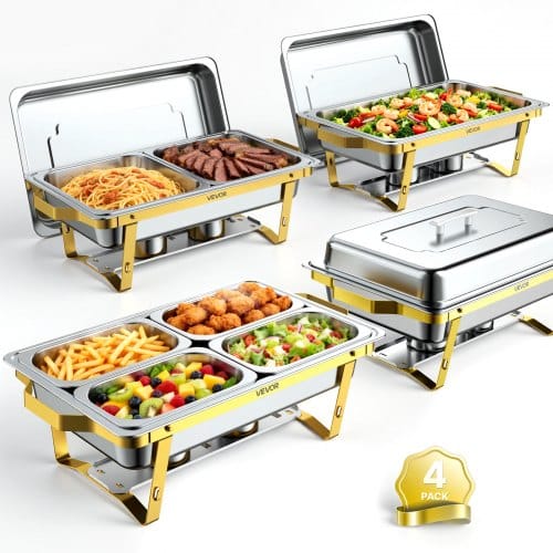 VEVOR 4er-Pack Chafing Dish Set je 8,52 L aus Edelstahl Warmhaltebehälter für Bankett, Buffet, Hochzeit, 2 Vollformat-, 2 Halbformat- & 4 Viertelformat-Behälter, Brennstoffbehälter, Zange, Glasschale