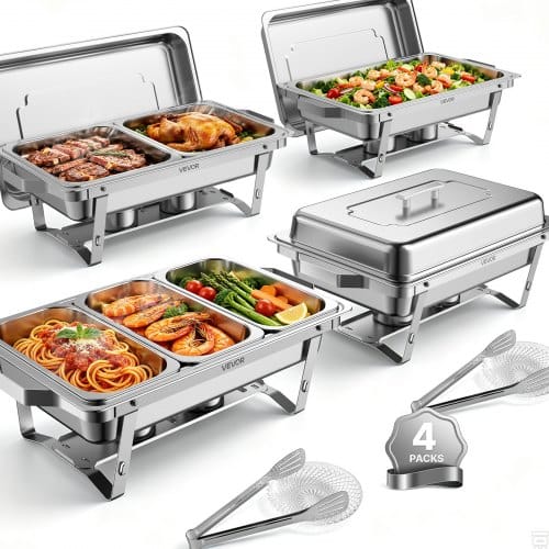 VEVOR Chafing Dish Set 4er-Pack je 8,52 L Edelstahl Warmhaltebehälter für Bankette, Buffets und Hochzeiten, 2 Vollformat-, 2 Halbformat- & 3 Drittelformat-Behälter, Brennstoffbehälter, Zange, Glasschale