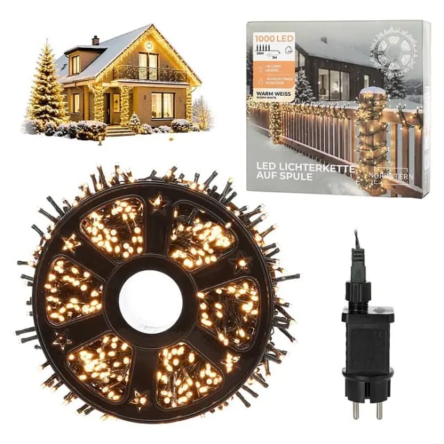 Nordstern LED-Lichterkette auf Spule (Außen, Lichtfarbe: Warmweiß, Anzahl Leuchtmittel: 1.000 Stk., Netzbetrieben)