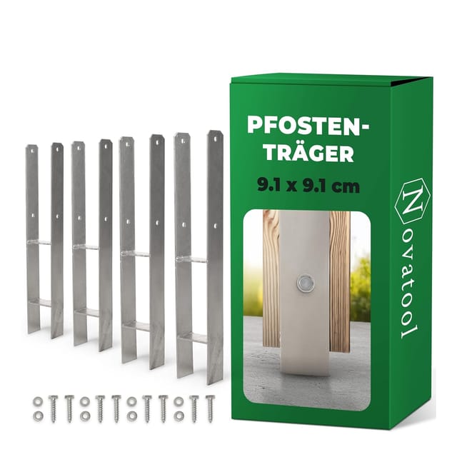 Novatool 4x Einschlagbodenhülsen-Set H-Form 91x91x600 mm , Bodenhülse Sonnenschirm Pfostenträger Zaunpfosten Holzpfosten Bodenhülsen Einschlaghülse Erdspieß zum Einschlagen , verzinkt , mit Schrauben