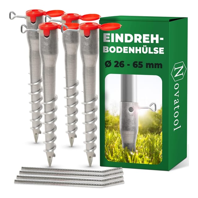 Novatool 4x Eindrehbodenhülsen-Set für Rohre mit Ø 26-65 mm , Bodenhülse Sonnenschirm Pfostenträger Einschraubhülse Boden Schraubhülse , Alternativ zu Bodeneinschlaghülse Einschlagbodenhülse