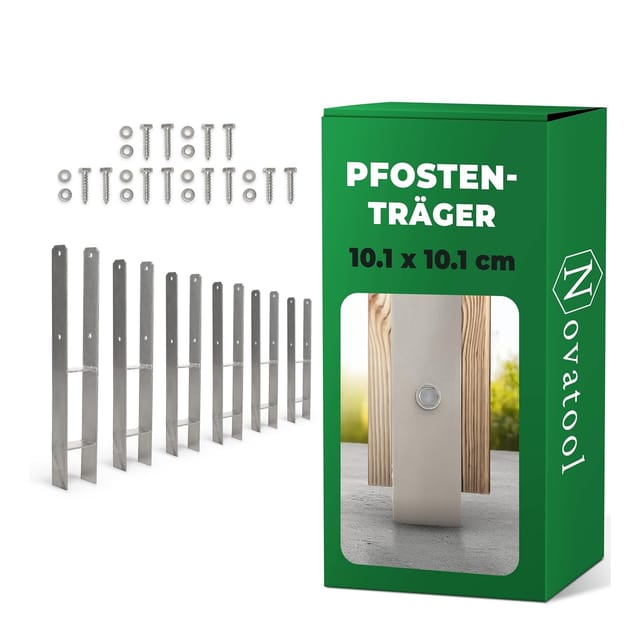 Novatool 6x Einschlagbodenhülsen-Set H-Form 101x101x600 mm , Bodenhülse Sonnenschirm Pfostenträger Zaunpfosten Holzpfosten Bodenhülsen Einschlaghülse Erdspieß zum Einschlagen , verzinkt , mit Schrauben