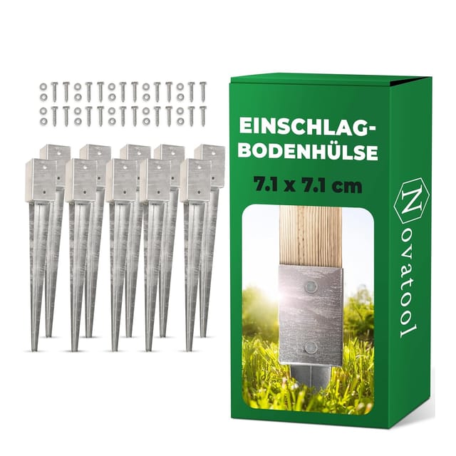 Novatool 10x Einschlagbodenhülsen-Set 71x71x750mm Bodenhülse Sonnenschirm Pfostenträger Zaunpfosten Holzpfosten Bodenhülsen Einschlaghülse Bodenanker Erdspieß zum Einschlagen , verzinkt , mit Schrauben