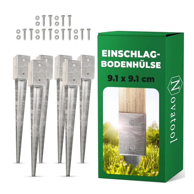 Novatool 6x Einschlagbodenhülsen-Set 91x91x750 mm , Bodenhülse Sonnenschirm Pfostenträger Zaunpfosten Holzpfosten Bodenhülsen Einschlaghülse Bodenanker Erdspieß zum Einschlagen , verzinkt , mit Schrauben
