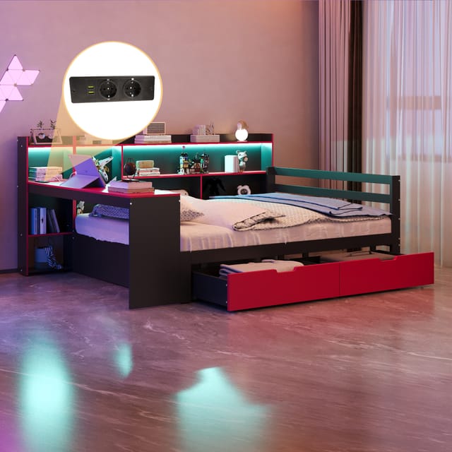 Schlafsofa Holz Schwarz/rot 140x200 Cm Mit Schreibtisch, Regal, Schubladen, Led Und Steckdosen